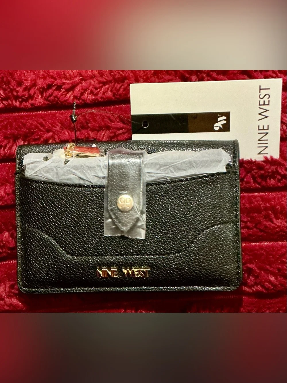 Nine West Black Textured Faux Leather Wallet with Gold Logo